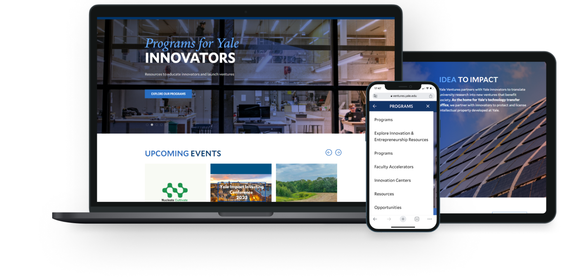 Desktop and mobile views of the Yale Venture's website.