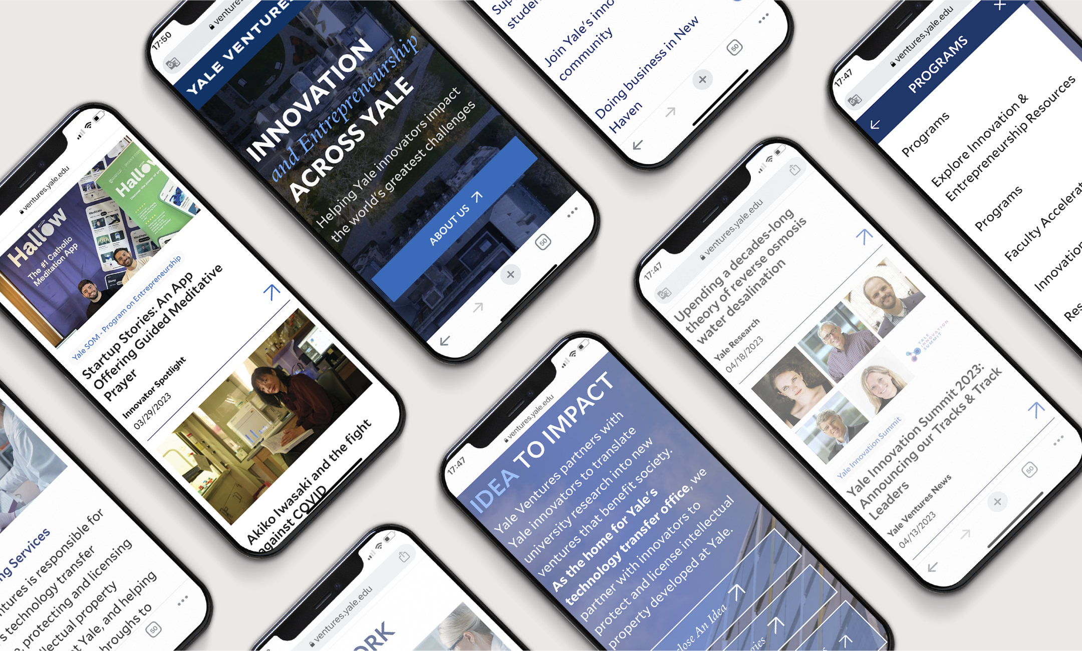 Various Yale Ventures screens on mobile devices