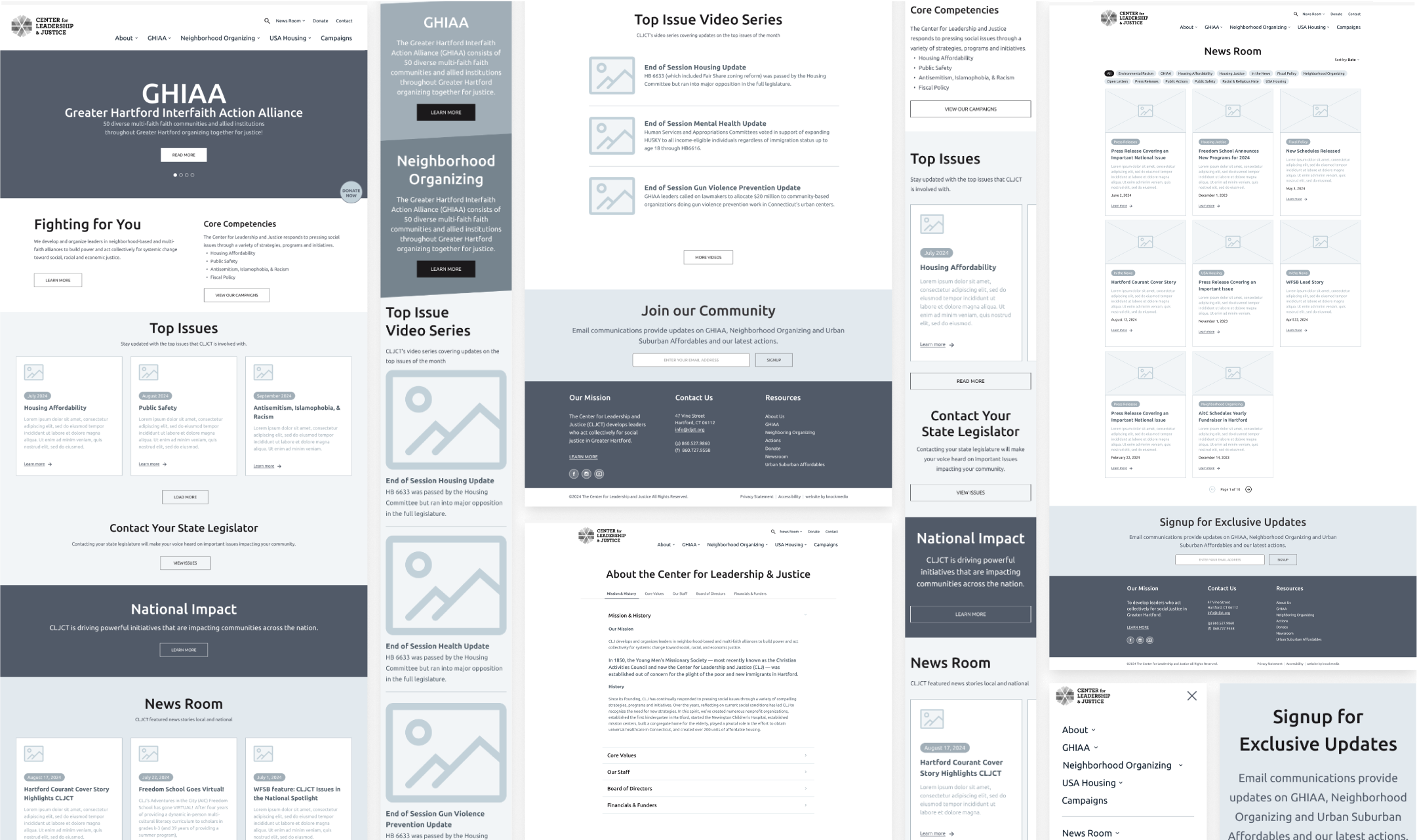 The wireframes of the Center for Leadership & Justice website